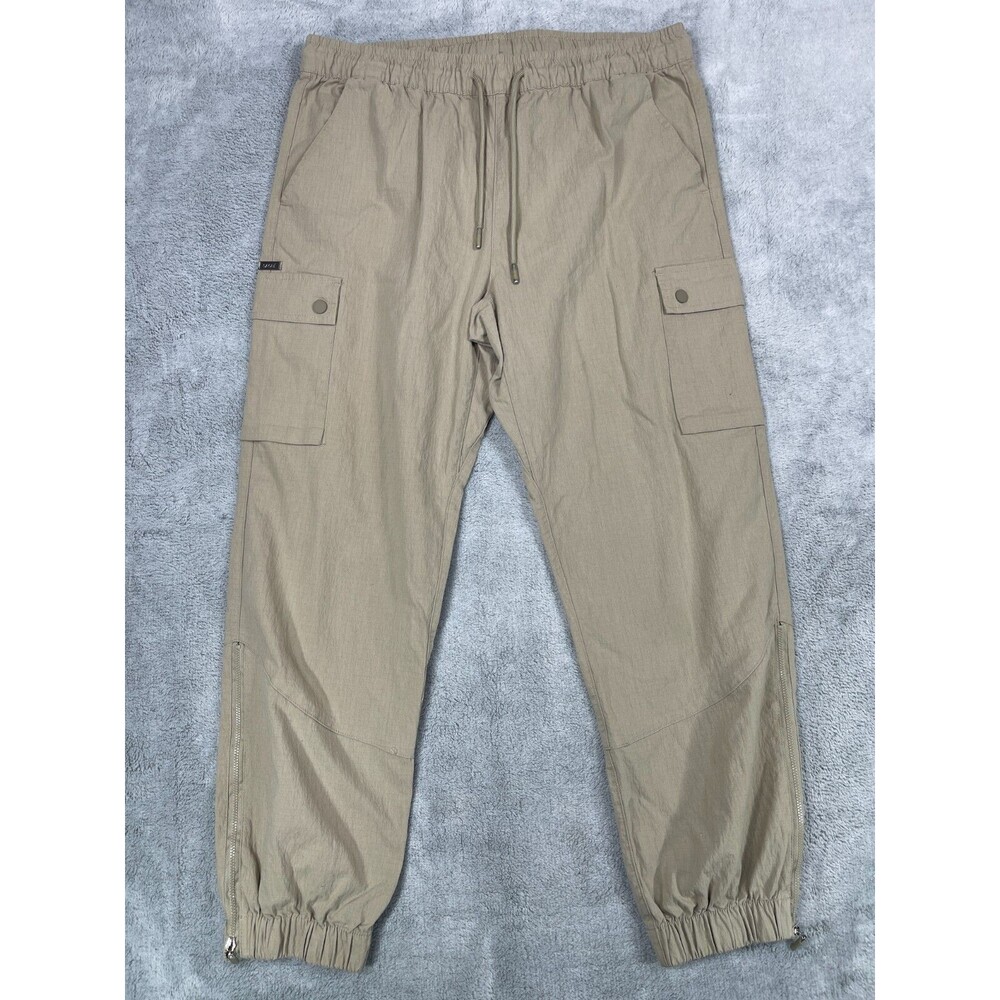 Sacre Pants Men's XL Tan Cargo Pockets Tapered Leg Logo Drawstring Ankle Zip